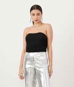 Blusa Cropped Corset em Tule Texturizado com Recortes e Franzidos