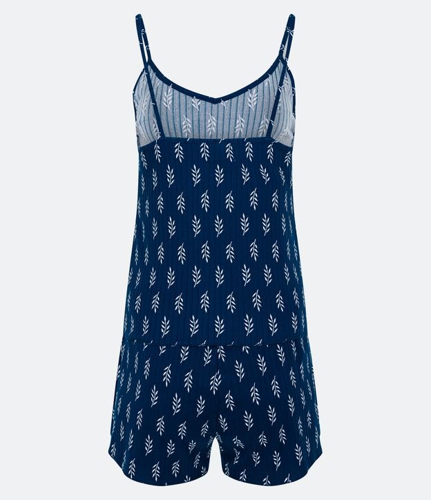 Pijama Short Doll Alcinha em Ribana com Estampa Folhagens Azul Escuro 7