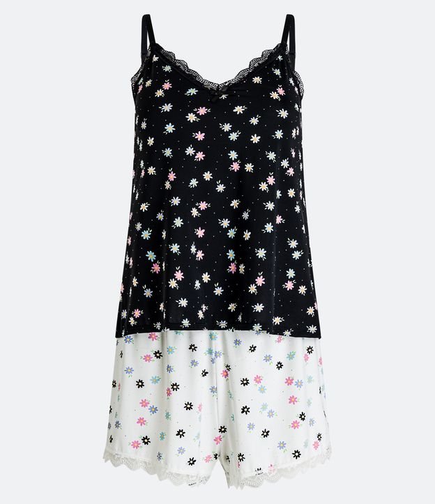 Pijama Short Doll Alcinha em Poliamida com Estampa Floral Preto/ Branco 5