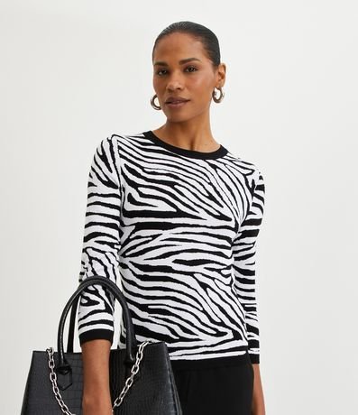 Blusa em Tricô com Manga 3/4 e Estampa Animal Print Zebra Menor preço em Blusa em Tricô com Manga 3/4 e Estampa Animal Print Zebra