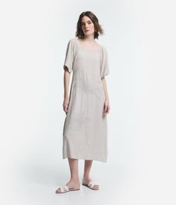 Vestido Midi Manga Ampla em Viscose com Folhagem Bordada