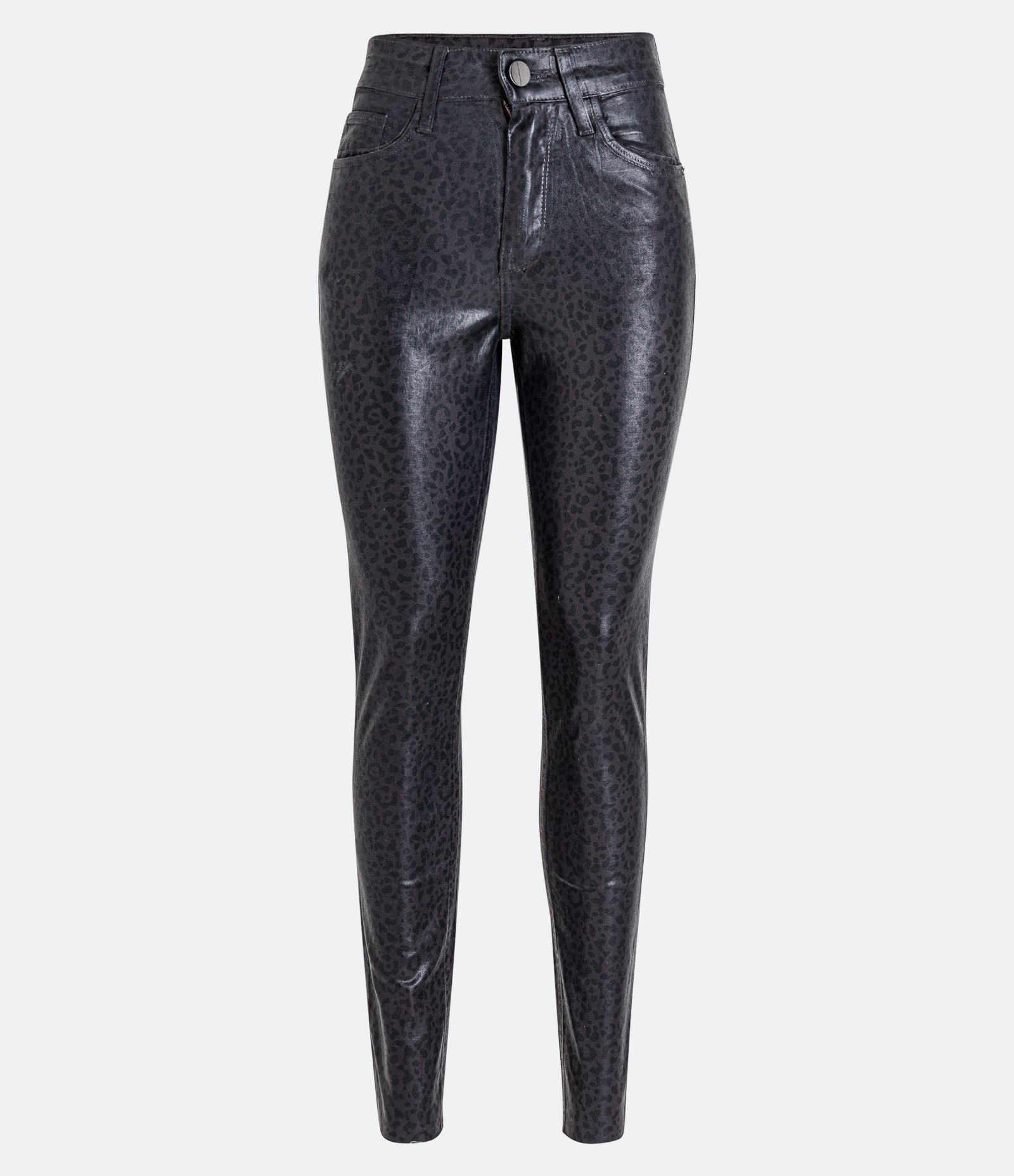 Calça Skinny em Sarja Resinada com Estampa Animal Print Onça Preto 1