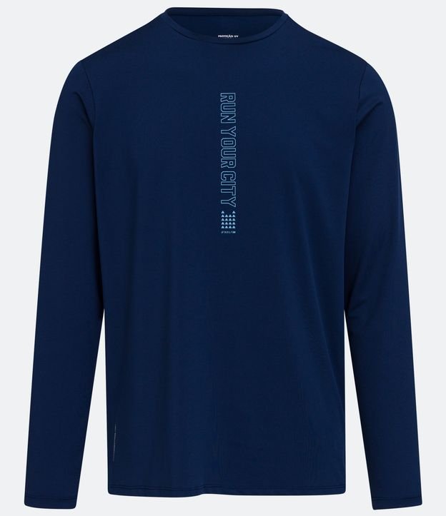 Camiseta Esportiva com Estampa Minimalista de Lettering e Manga Longa - Cor: Azul - Tamanho: M