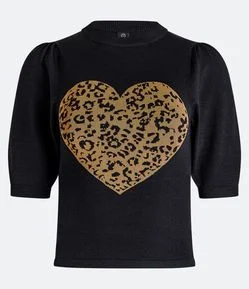 Blusa Manga Bufante em Tricô com Coração de Onça