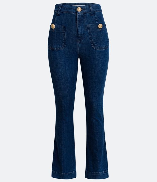 Calça Flare Cropped Jeans com Cintura Alta e Botões em Brasão Azul 6
