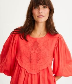 Blusa Manga Bufante em Algodão com Bordado Floral RIchilieu