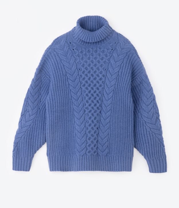 Suéter de Punto con Textura Trenzada y Manga Abullonada  Curve & Plus Size Azul 5