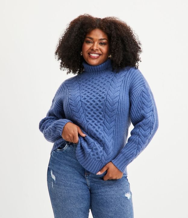 Suéter de Punto con Textura Trenzada y Manga Abullonada  Curve & Plus Size Azul 1