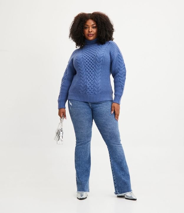 Suéter de Punto con Textura Trenzada y Manga Abullonada  Curve & Plus Size Azul 2