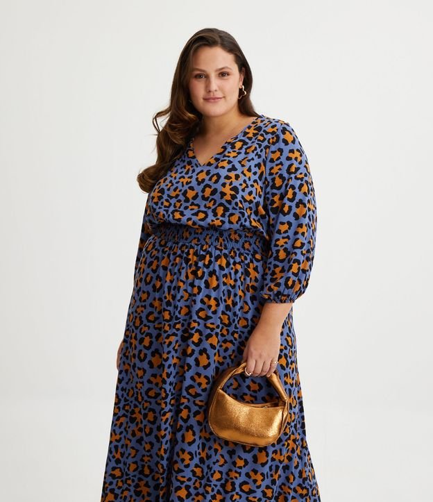 Vestido Largo en Viscosa con Manga 3/4 y Estampado Animal Print Curve & Plus Size Azul 3
