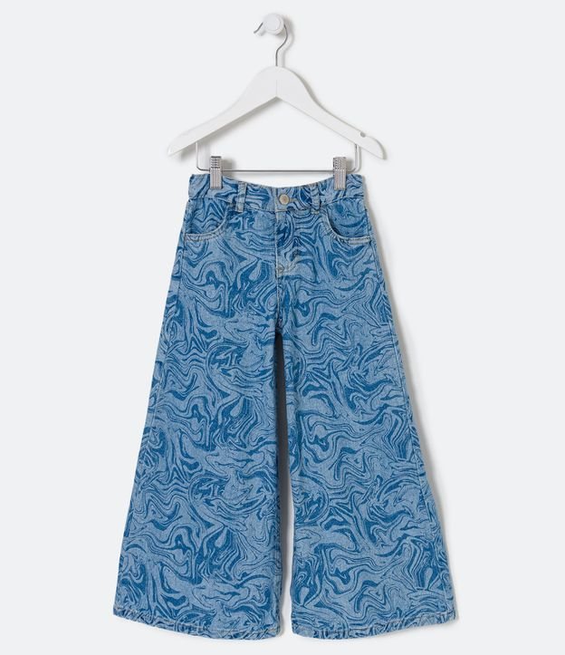 Calça Wide Leg Infantil em Jeans Estampa Efeito Óleo - Tam 5 a 14 Anos