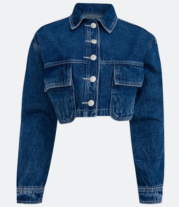 Jaqueta Cropped em Jeans com Bolsos Arredondados Azul 6