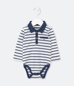 Body Infantil Listrado com Gola Polo e Bolso Embutido - Tam 0 a 18 meses