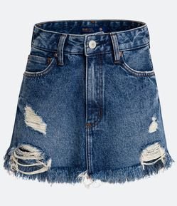 Short Saia Cintura Alta em Jeans com Barra Desfeita com Franjas