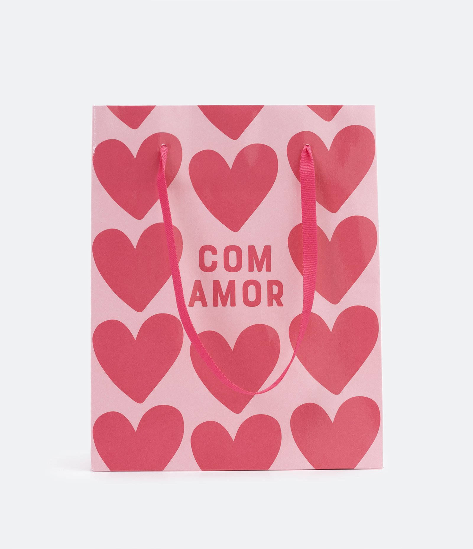 Embalagem de Presente Pequena com Estampa de Corações e Escrito Com Amor Rosa 3