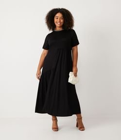Vestido Midi em Malha Crepe com Gola em Tricô e Babado na Barra Curve & Plus Size