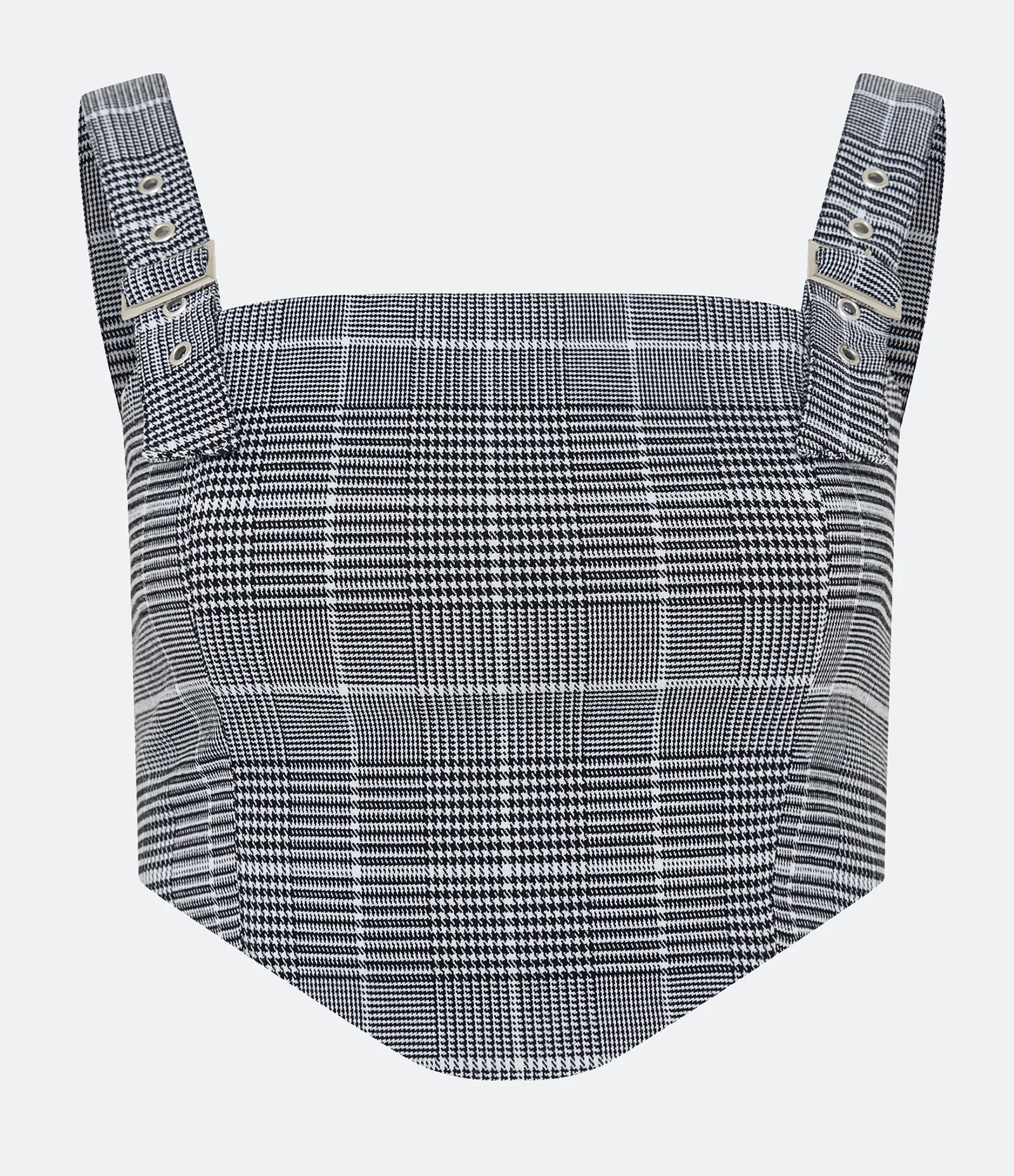 Blusa Cropped em Jacquard Xadrez com Fivelas nas Alças Cinza 1