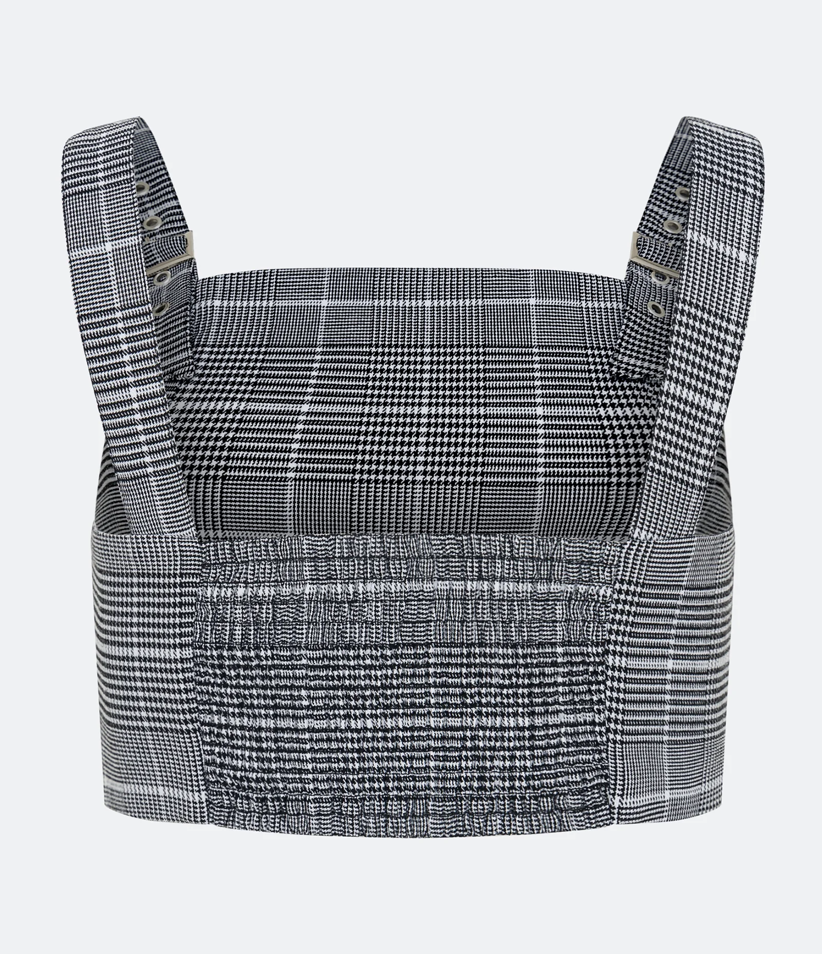 Blusa Cropped em Jacquard Xadrez com Fivelas nas Alças Cinza 2