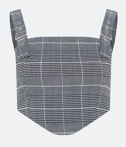 Blusa Cropped em Jacquard Xadrez com Fivelas nas Alças