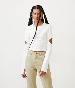 Blusa Curta em Cotton com Manga Longa com Aberturas