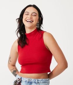 Blusa Cropped Básica sem Manga em Algodão com Gola Alta