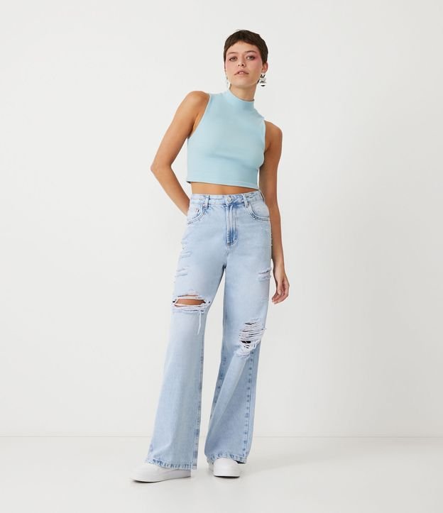 Blusa Cropped Básica sem Manga em Algodão com Gola Alta