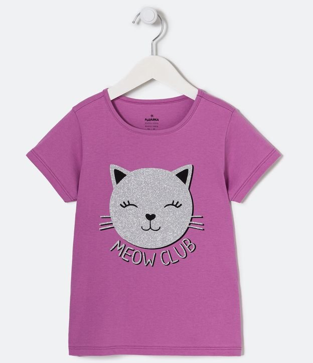 Blusa Infantil em Algodão com Estampa Localizada de Gatinho Brilhoso - Tam 5 a 14 anos