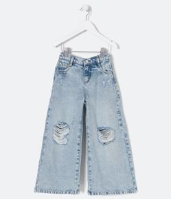 Calçaa Wide Leg Infantil em Jeans com Rasgos e Estrelinha Aplicada - Tam 5 a 14 Anos