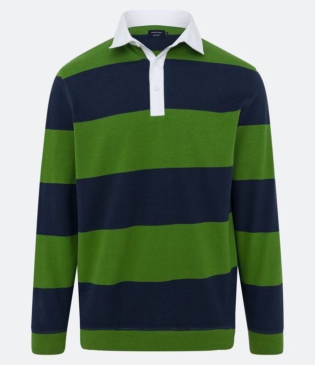 Polo Comfort com Gola Contrastante e Estampa Listrada Azul/Verde 6