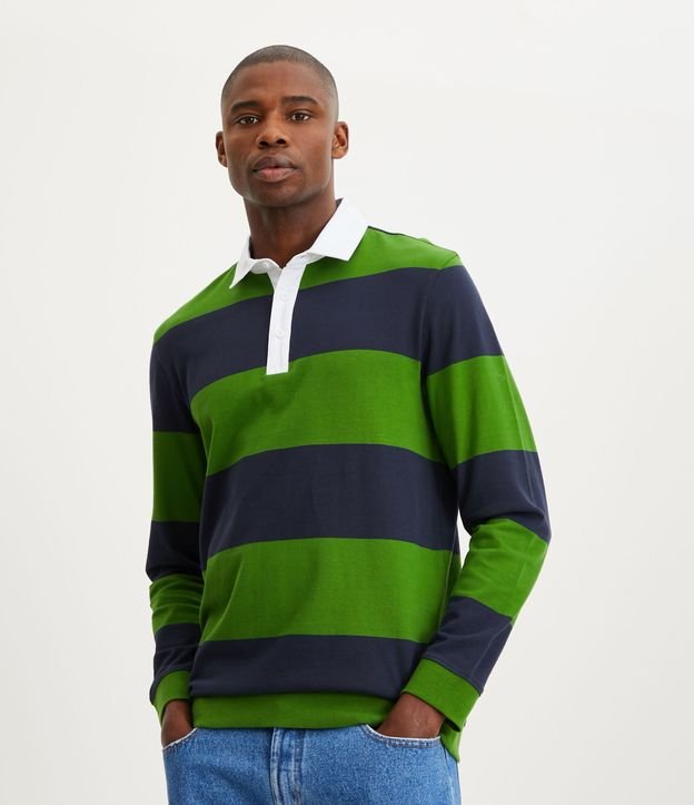 Camiseta com Gola Polo e Estampa Listrada - Cor: Azul/Verde - Tamanho: M