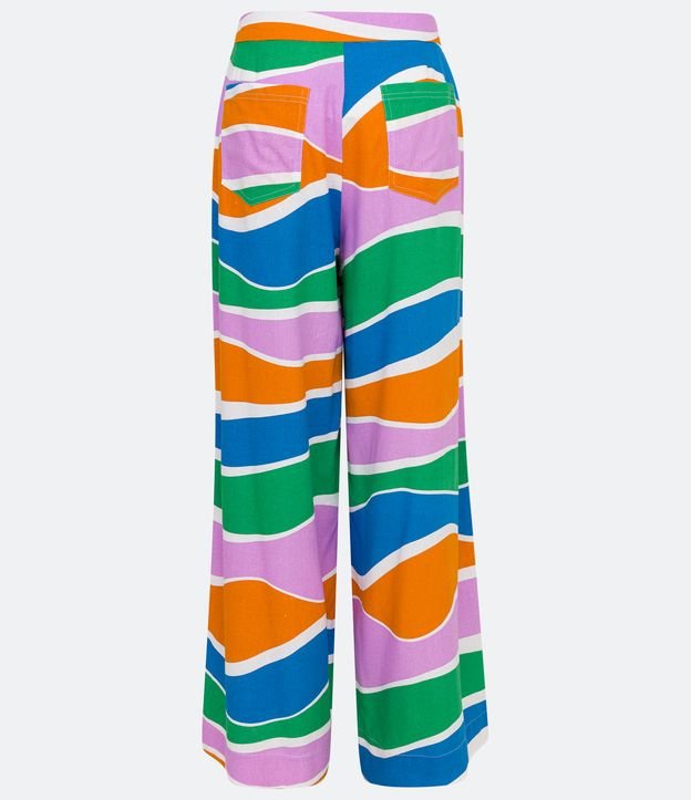 Calça Pantalona em Linho com Bolsos e Listras de Ondas Coloridas Multicores 7