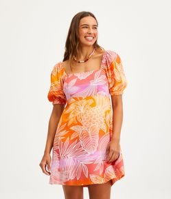 Vestido Curto em Linho com Manga Curta e Estampa de Folhas