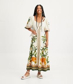 Vestido Longo em Linho com Manga Bufante e Estampa Tropical