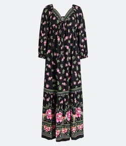 Vestido Longo em Viscose com Estampa Floral e Rendinha no Decote