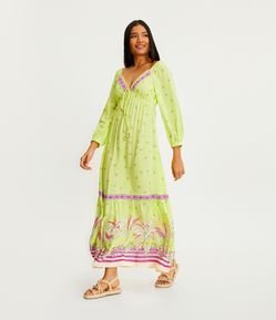 Vestido Longo em Viscose com Bananas e Flores Estampadas