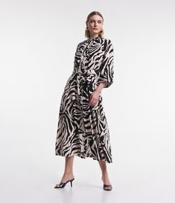 Vestido Longo em Linho com Cinto Afivelado e Estampa de Zebra