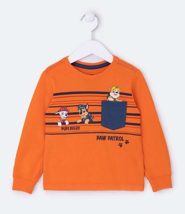 Camiseta Infantil com Bolsinho e Estampa Patrulha Canina - Tam 2 a 5 Anos