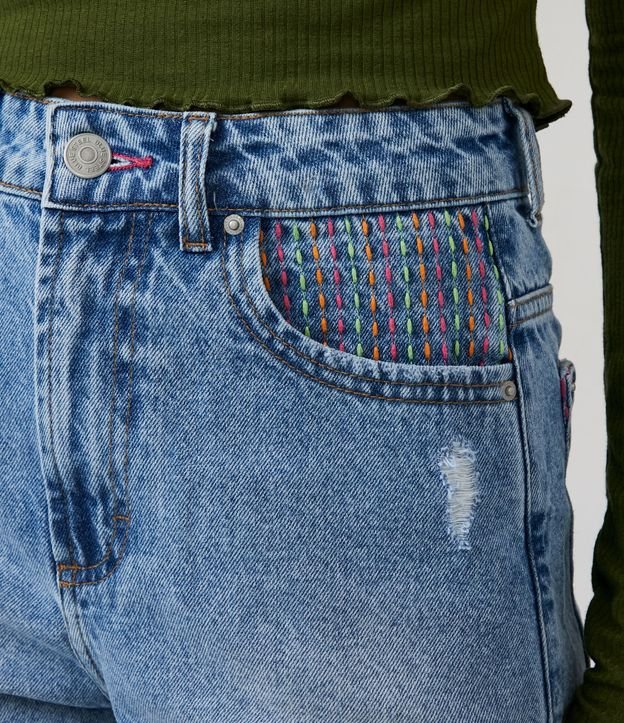 Short Cintura Alta em Jeans com Bolsos com Costura Contrastante Azul 4