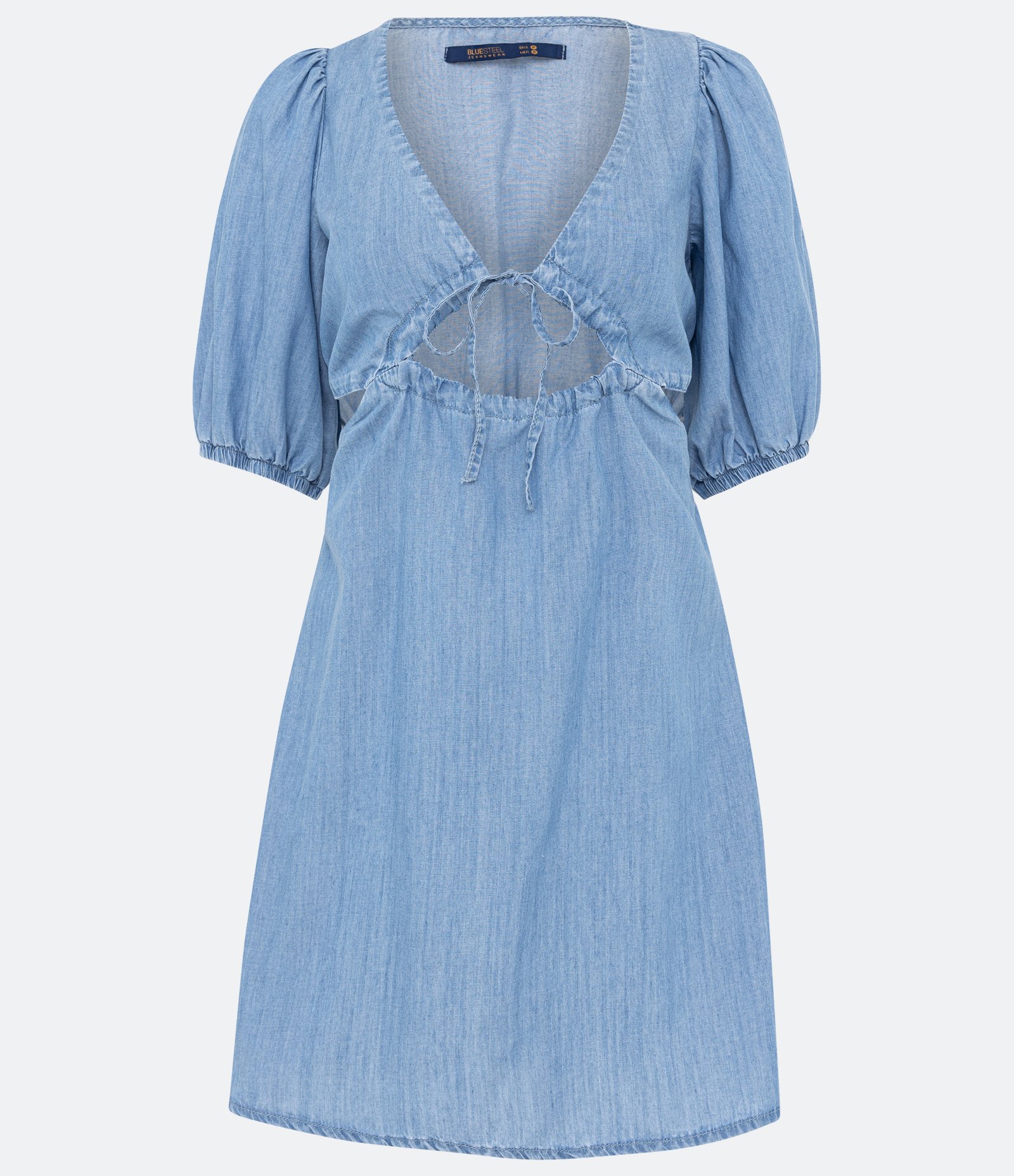 Vestido Curto em Jeans com Amarração e Manga Bufante Azul 5