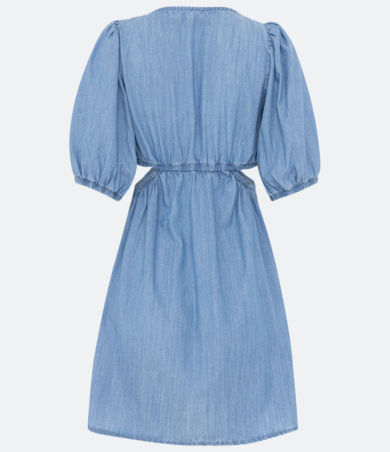 Vestido Curto em Jeans com Amarração e Manga Bufante Azul 6