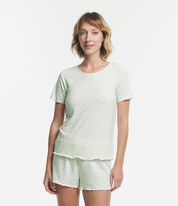 Pijama Curto em Ribana com Estampa Gravataria Branco/ Verde 1
