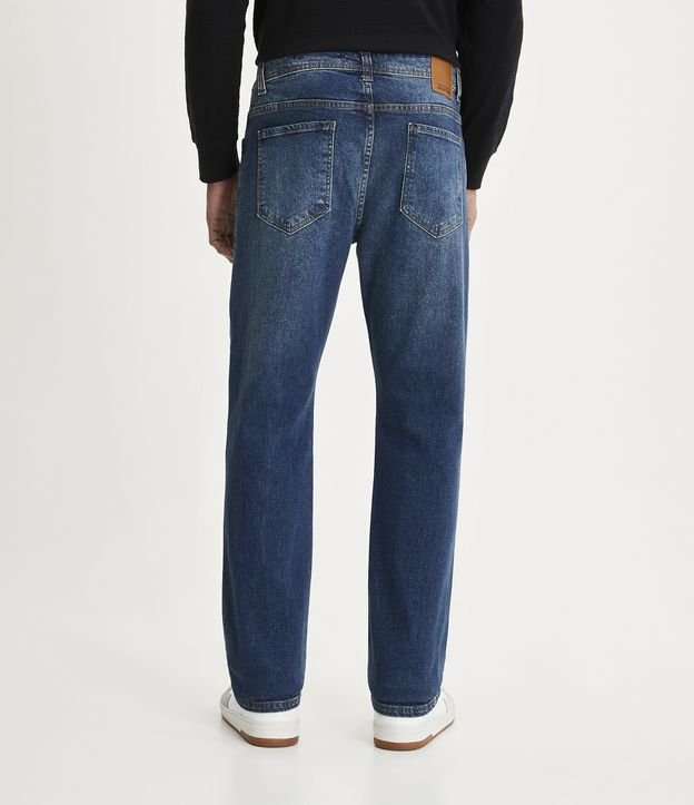 Calça Reta Básica Jeans com Elastano e Pesponto Contrastante Azul Médio 3