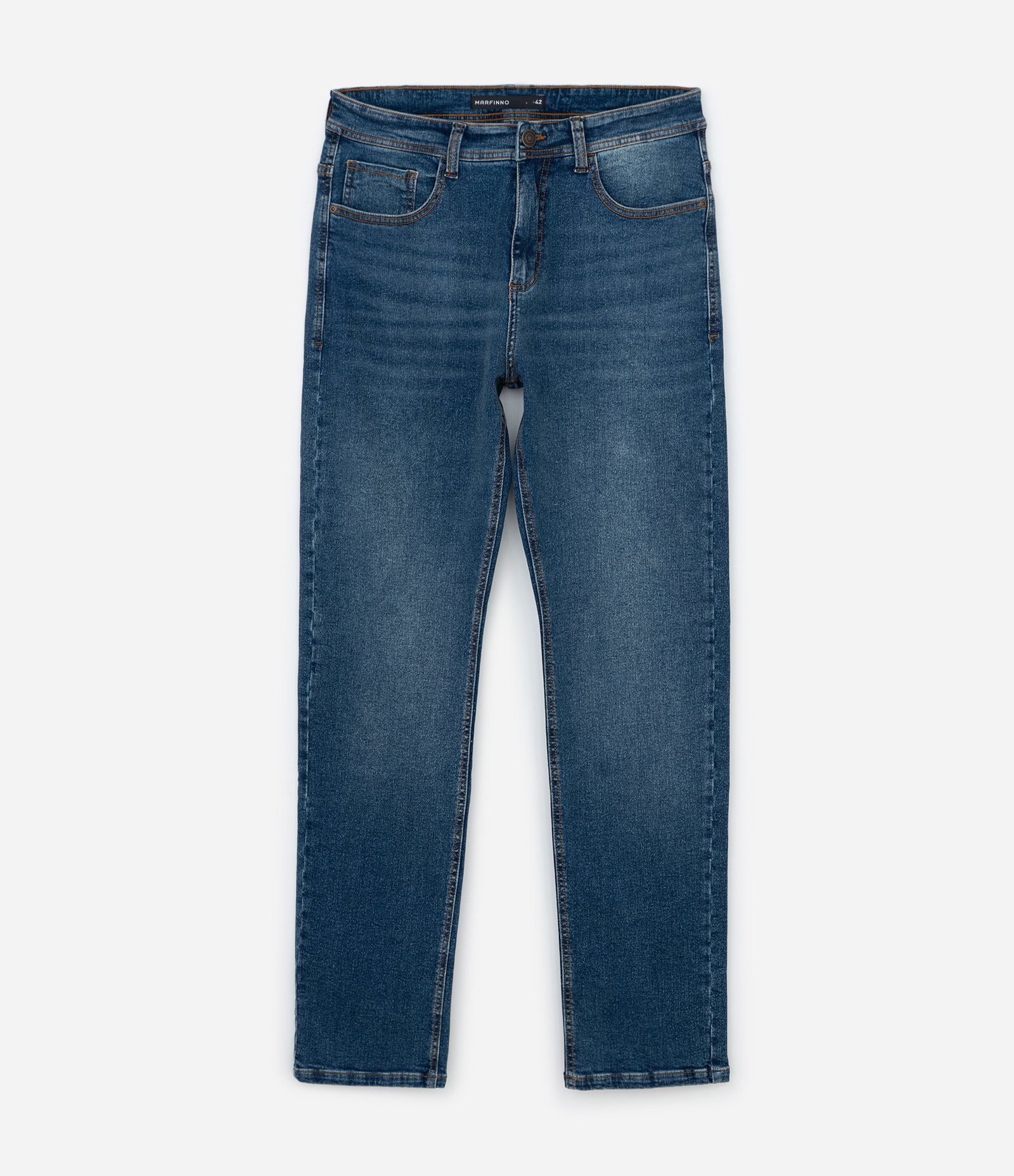 Calça Reta Básica Jeans Denim e Pesponto Contrastante Azul Médio 5