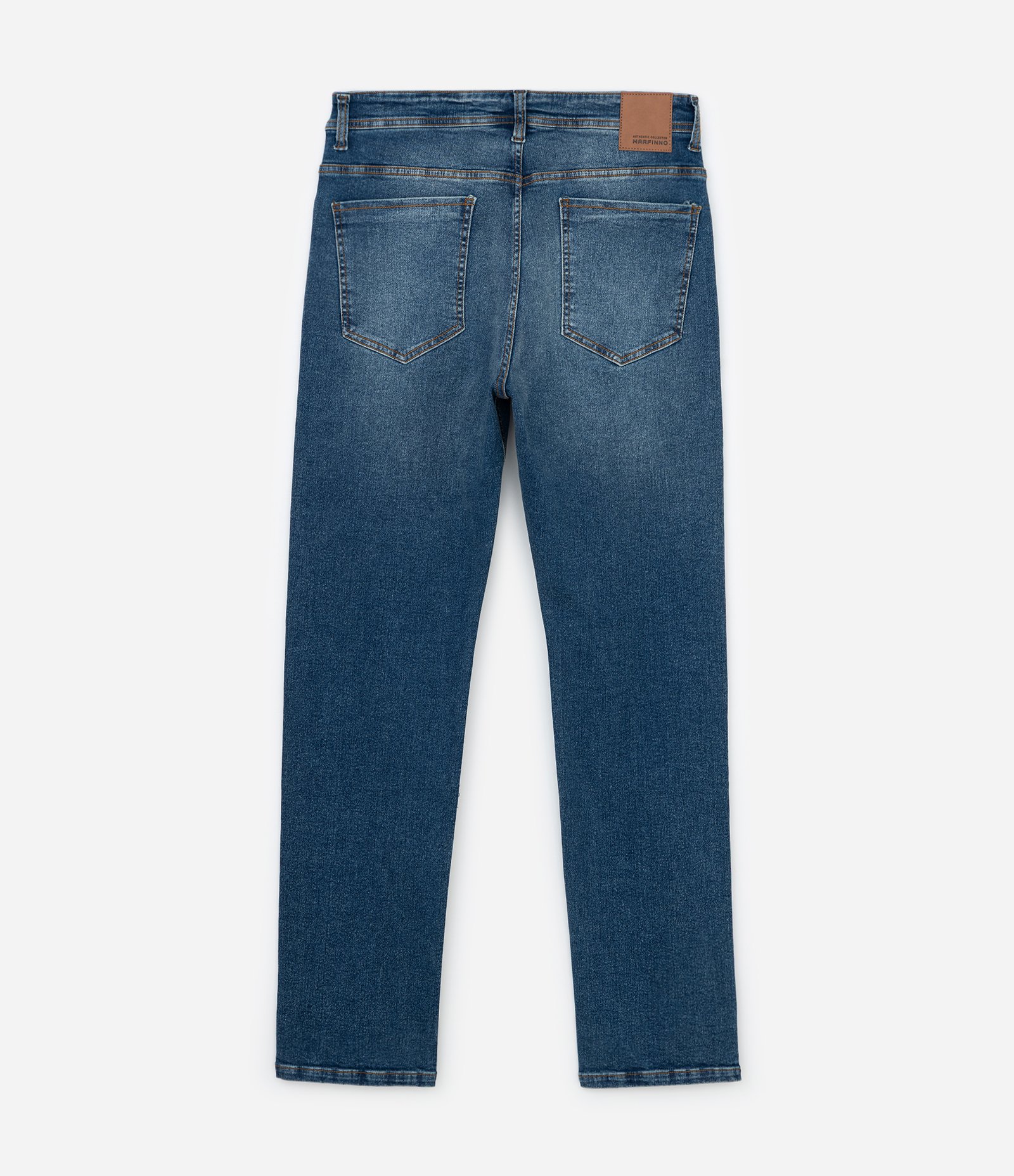 Calça Reta Básica Jeans Denim e Pesponto Contrastante Azul Médio 6