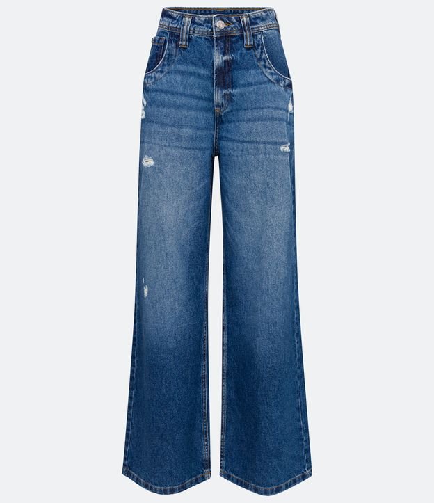 Pantalón Wide Leg Jeans con Trabilla Diferenciado y Puídos Azul 6
