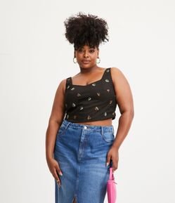 Blusa Cropped em Sarja com Mini Folhas Bordadas Curve & Plus Size
