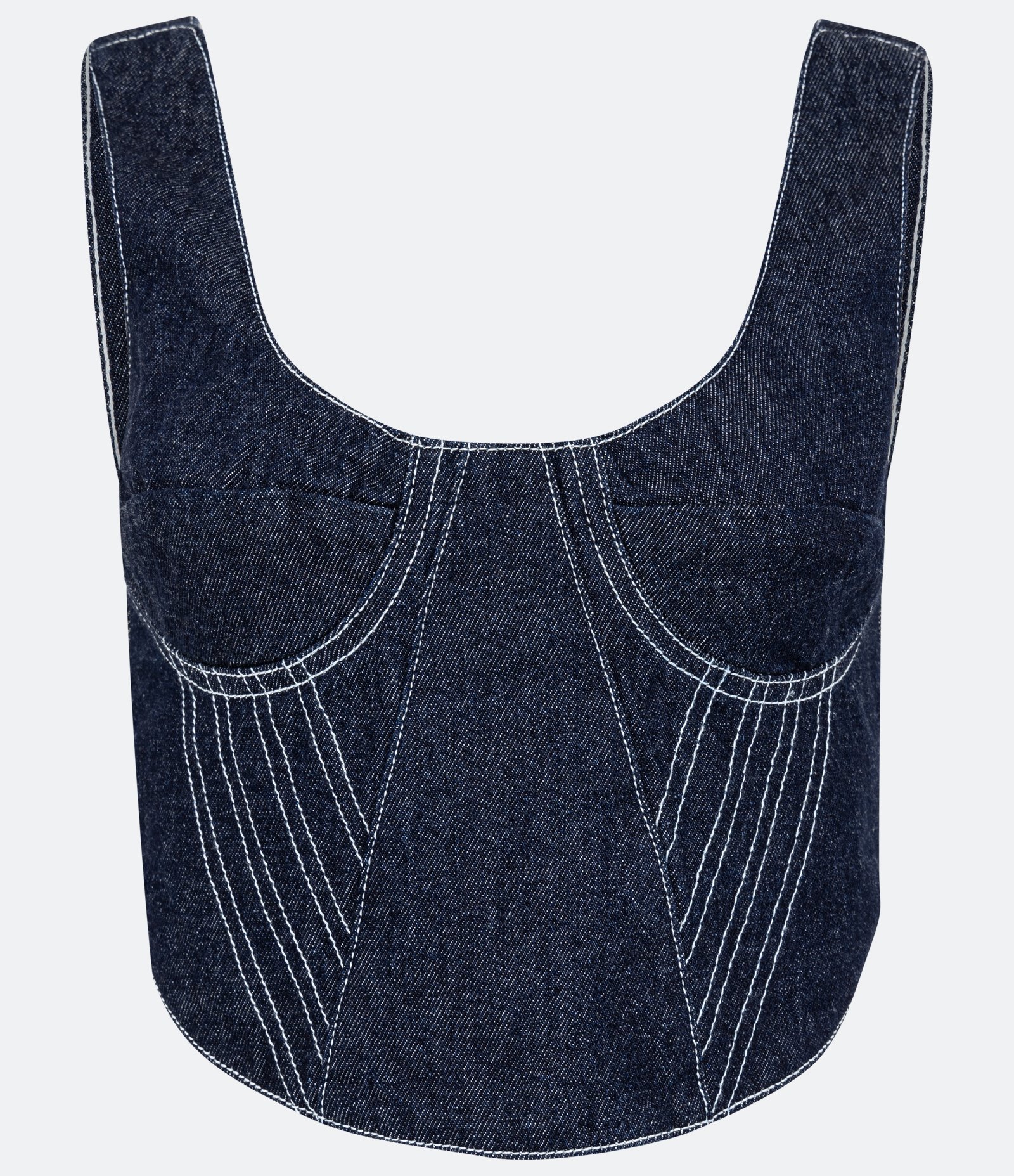 Blusa Cropped Corset Sem Manga em Jeans com Costura Aparente Azul 1