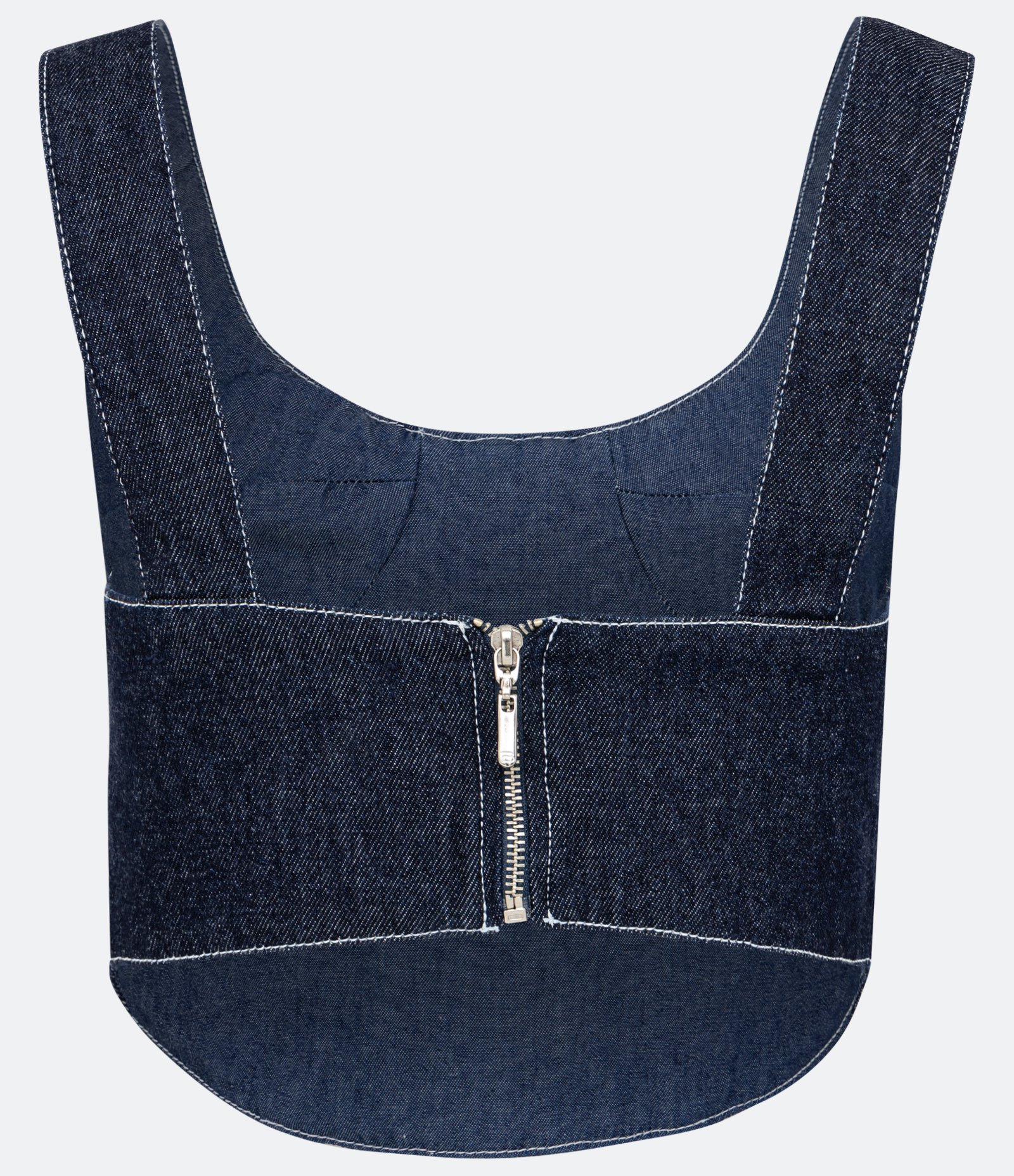 Blusa Cropped Corset Sem Manga em Jeans com Costura Aparente Azul 2