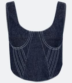 Blusa Cropped Corset Sem Manga em Jeans com Costura Aparente