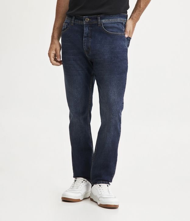 Calça Slim Jeans com Elastano e Pesponto Contrastante Azul Escuro 2